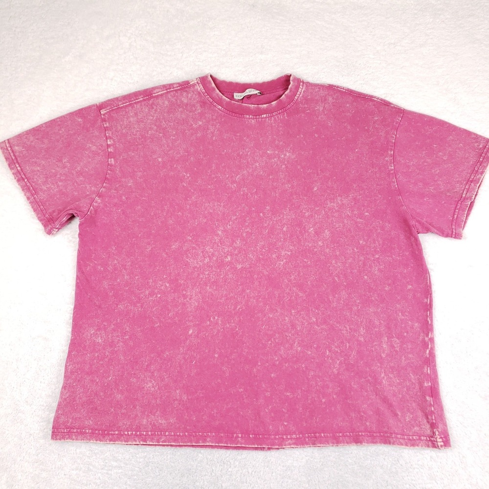 Zenana Pink Acid Wash T-Shirt Relaxed Boxy Fit Cotton Crew Neck Tee S/M Retro
